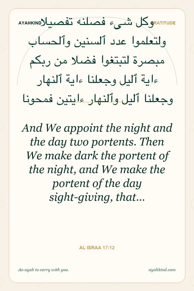 And We appoint the night and the day two portents. Then We make dark the portent of the night, and We make the portent of the day sight-giving, that… — Al Israa 17:12