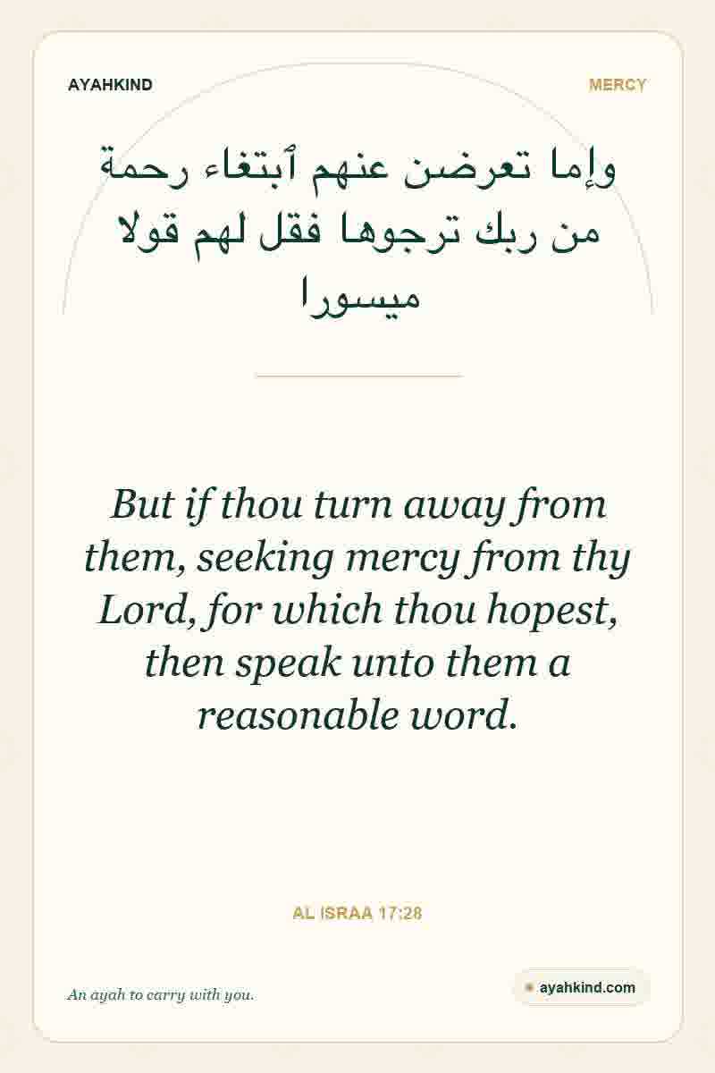 But if thou turn away from them, seeking mercy from thy Lord, for which thou hopest, then speak unto them a reasonable word. — Al Israa 17:28