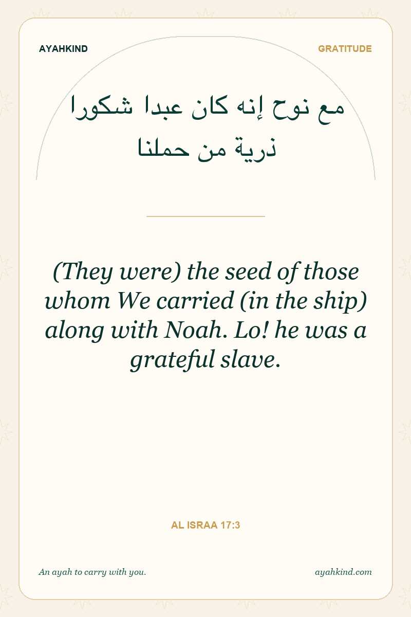 (They were) the seed of those whom We carried (in the ship) along with Noah. Lo! he was a grateful slave. — Al Israa 17:3