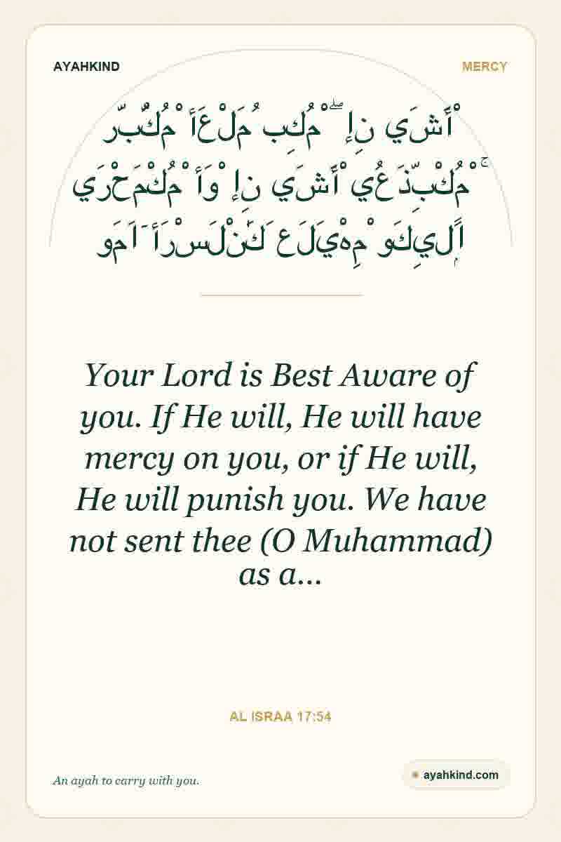 Your Lord is Best Aware of you. If He will, He will have mercy on you, or if He will, He will punish you. We have not sent thee (O Muhammad) as a… — Al Israa 17:54