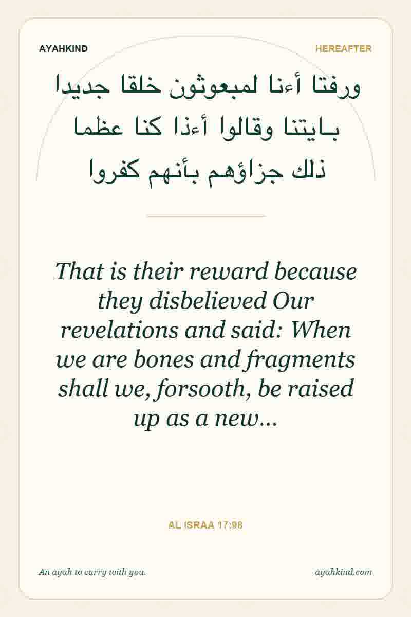 That is their reward because they disbelieved Our revelations and said: When we are bones and fragments shall we, forsooth, be raised up as a new… — Al Israa 17:98