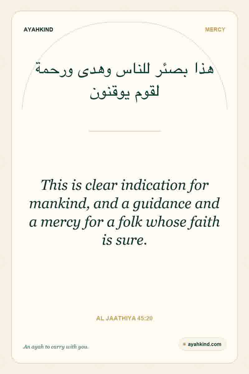 This is clear indication for mankind, and a guidance and a mercy for a folk whose faith is sure. — Al Jaathiya 45:20