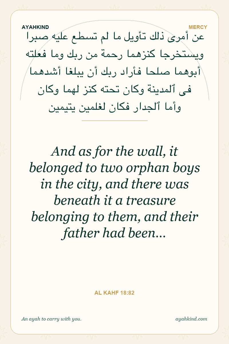 And as for the wall, it belonged to two orphan boys in the city, and there was beneath it a treasure belonging to them, and their father had been… — Al Kahf 18:82