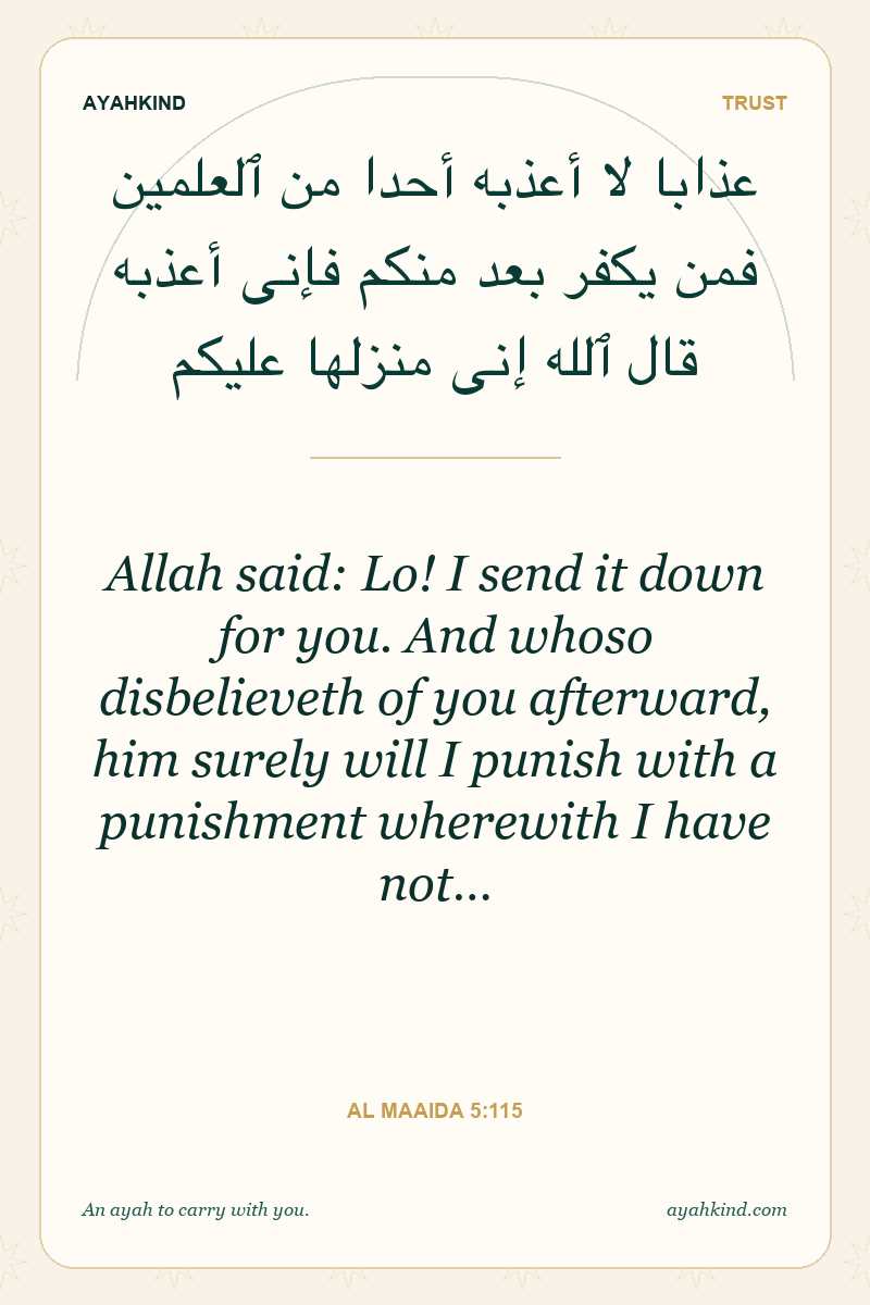 Allah said: Lo! I send it down for you. And whoso disbelieveth of you afterward, him surely will I punish with a punishment wherewith I have not… — Al Maaida 5:115