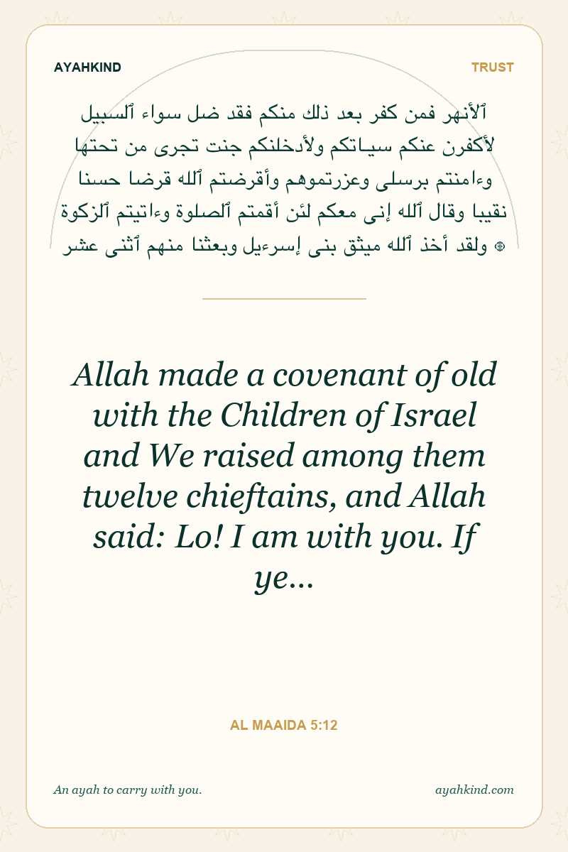 Allah made a covenant of old with the Children of Israel and We raised among them twelve chieftains, and Allah said: Lo! I am with you. If ye… — Al Maaida 5:12