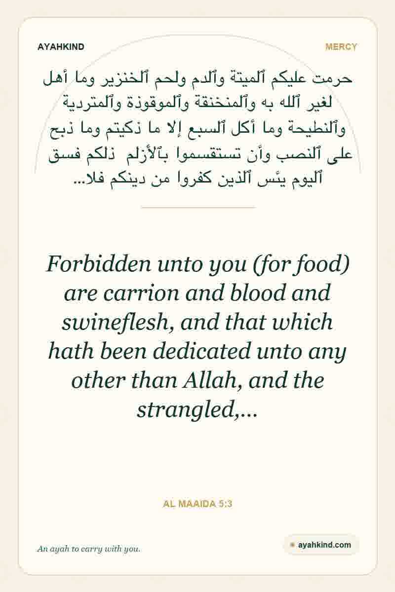 Forbidden unto you (for food) are carrion and blood and swineflesh, and that which hath been dedicated unto any other than Allah, and the strangled,… — Al Maaida 5:3