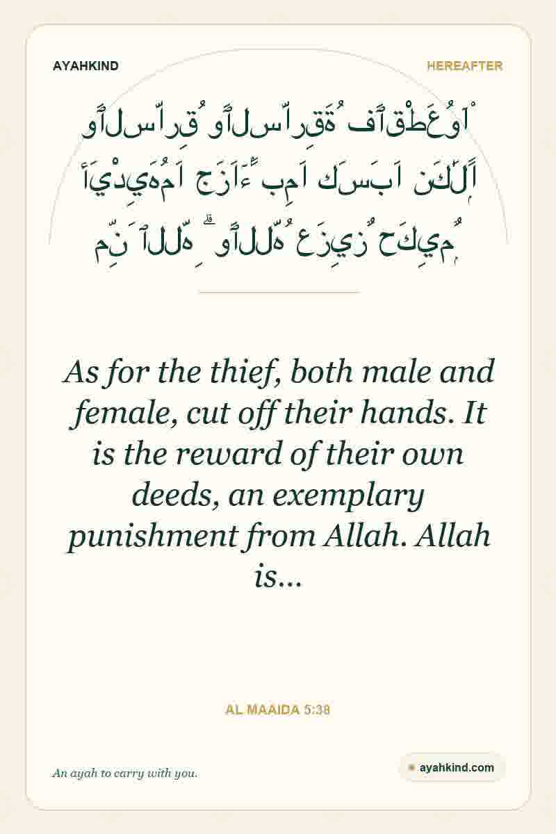 As for the thief, both male and female, cut off their hands. It is the reward of their own deeds, an exemplary punishment from Allah. Allah is… — Al Maaida 5:38