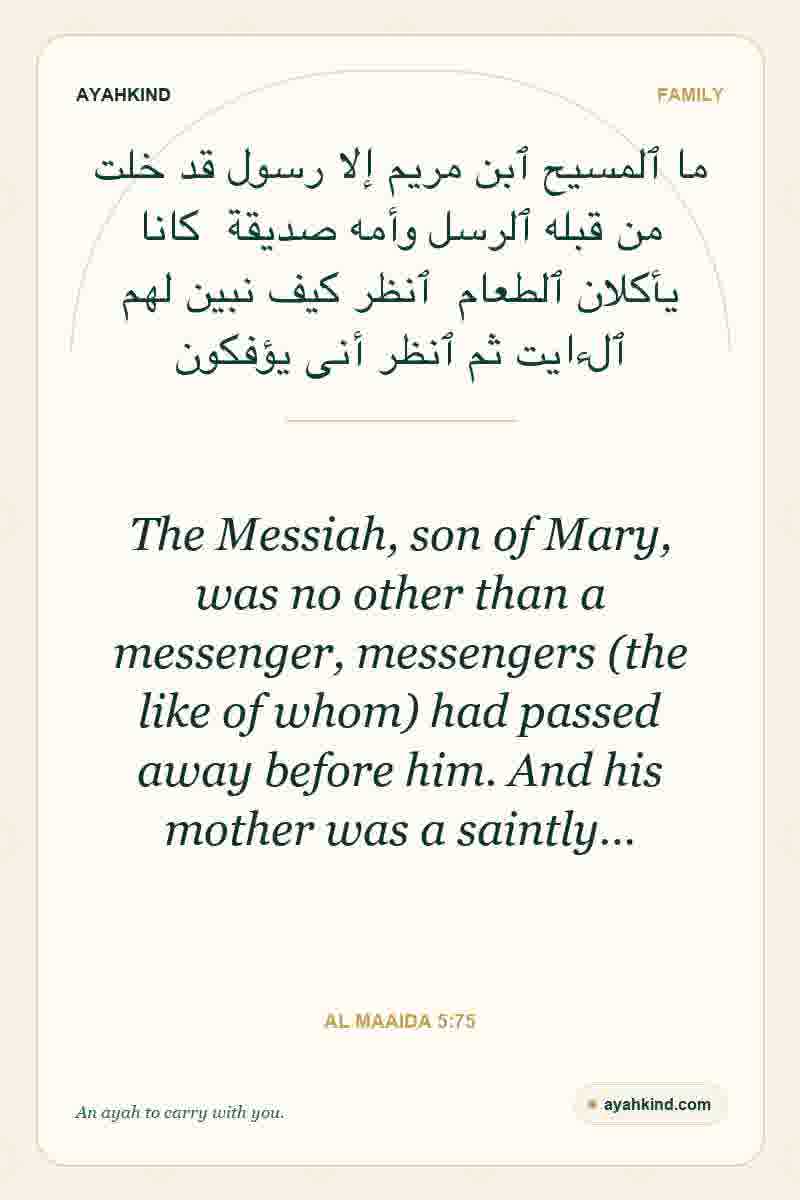 The Messiah, son of Mary, was no other than a messenger, messengers (the like of whom) had passed away before him. And his mother was a saintly… — Al Maaida 5:75
