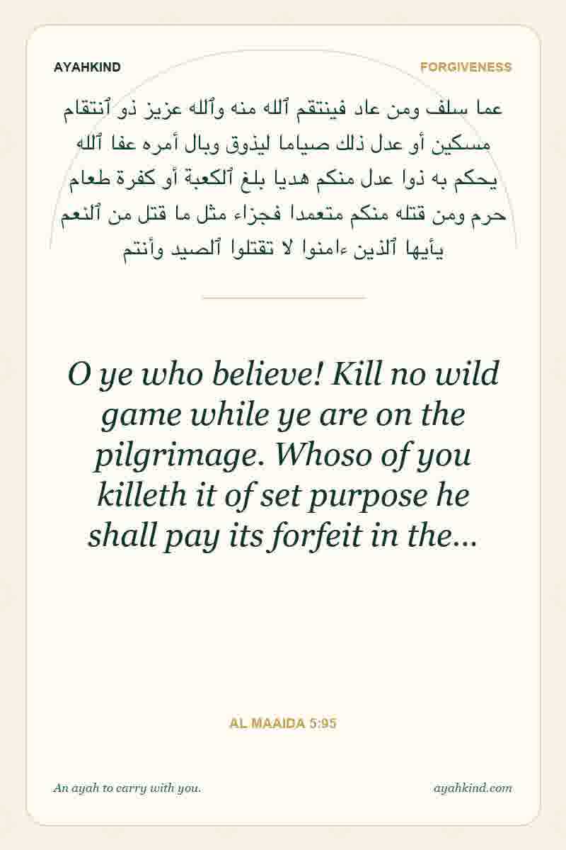 O ye who believe! Kill no wild game while ye are on the pilgrimage. Whoso of you killeth it of set purpose he shall pay its forfeit in the… — Al Maaida 5:95
