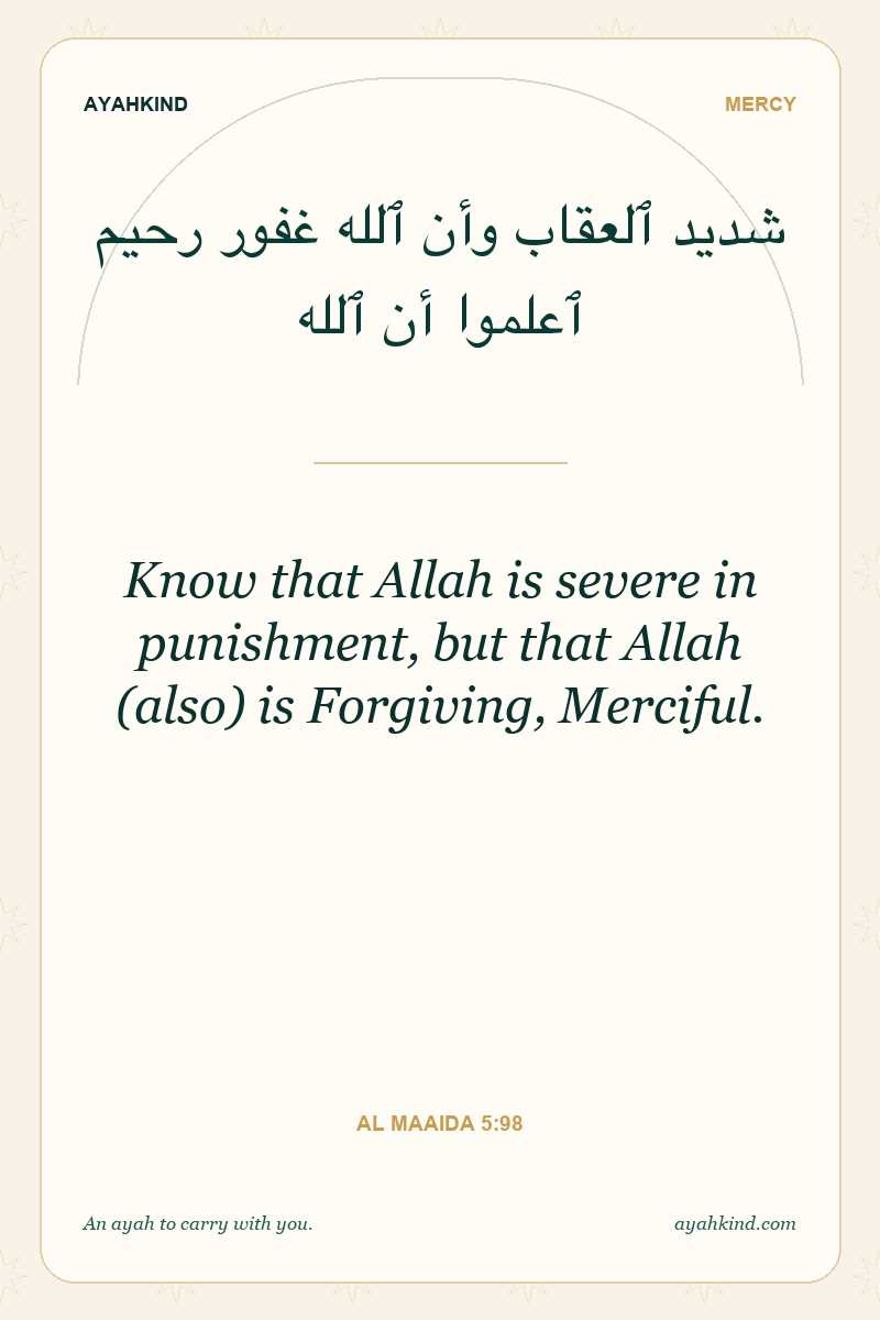 Know that Allah is severe in punishment, but that Allah (also) is Forgiving, Merciful. — Al Maaida 5:98