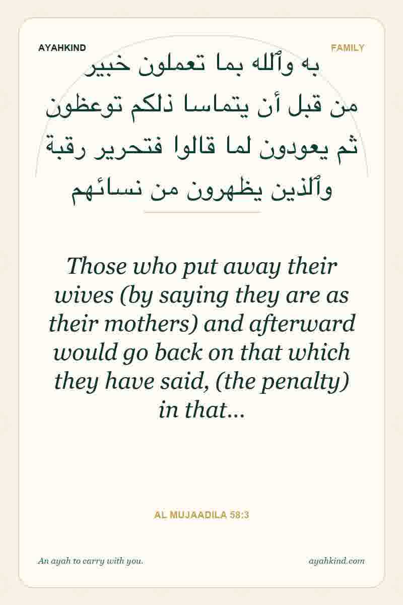 Those who put away their wives (by saying they are as their mothers) and afterward would go back on that which they have said, (the penalty) in that… — Al Mujaadila 58:3