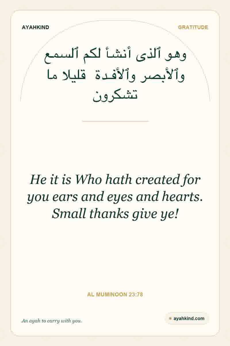 He it is Who hath created for you ears and eyes and hearts. Small thanks give ye! — Al Muminoon 23:78