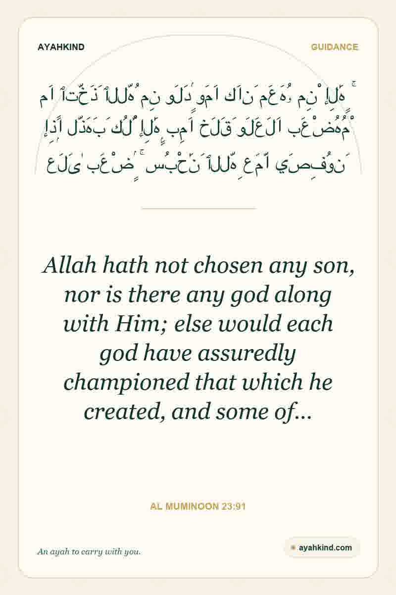 Allah hath not chosen any son, nor is there any god along with Him; else would each god have assuredly championed that which he created, and some of… — Al Muminoon 23:91