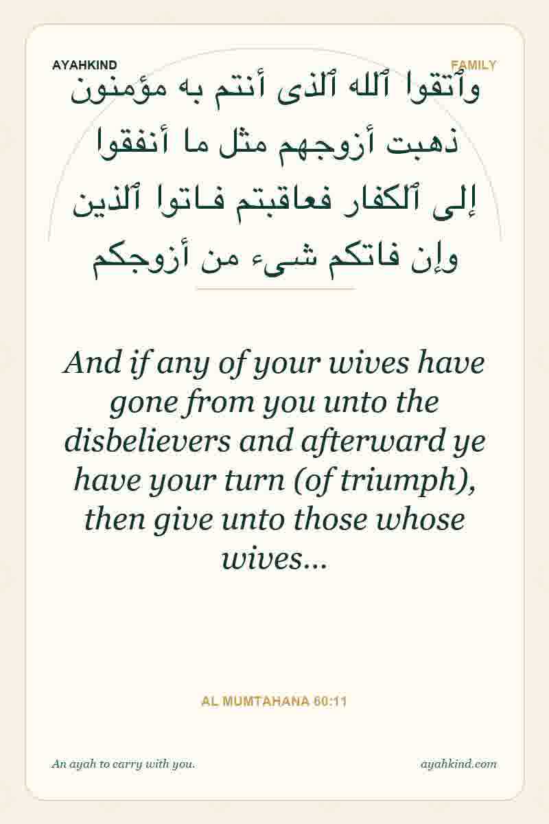 And if any of your wives have gone from you unto the disbelievers and afterward ye have your turn (of triumph), then give unto those whose wives… — Al Mumtahana 60:11
