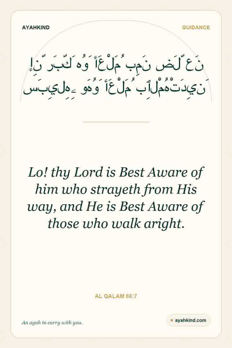 Lo! thy Lord is Best Aware of him who strayeth from His way, and He is Best Aware of those who walk aright. — Al Qalam 68:7