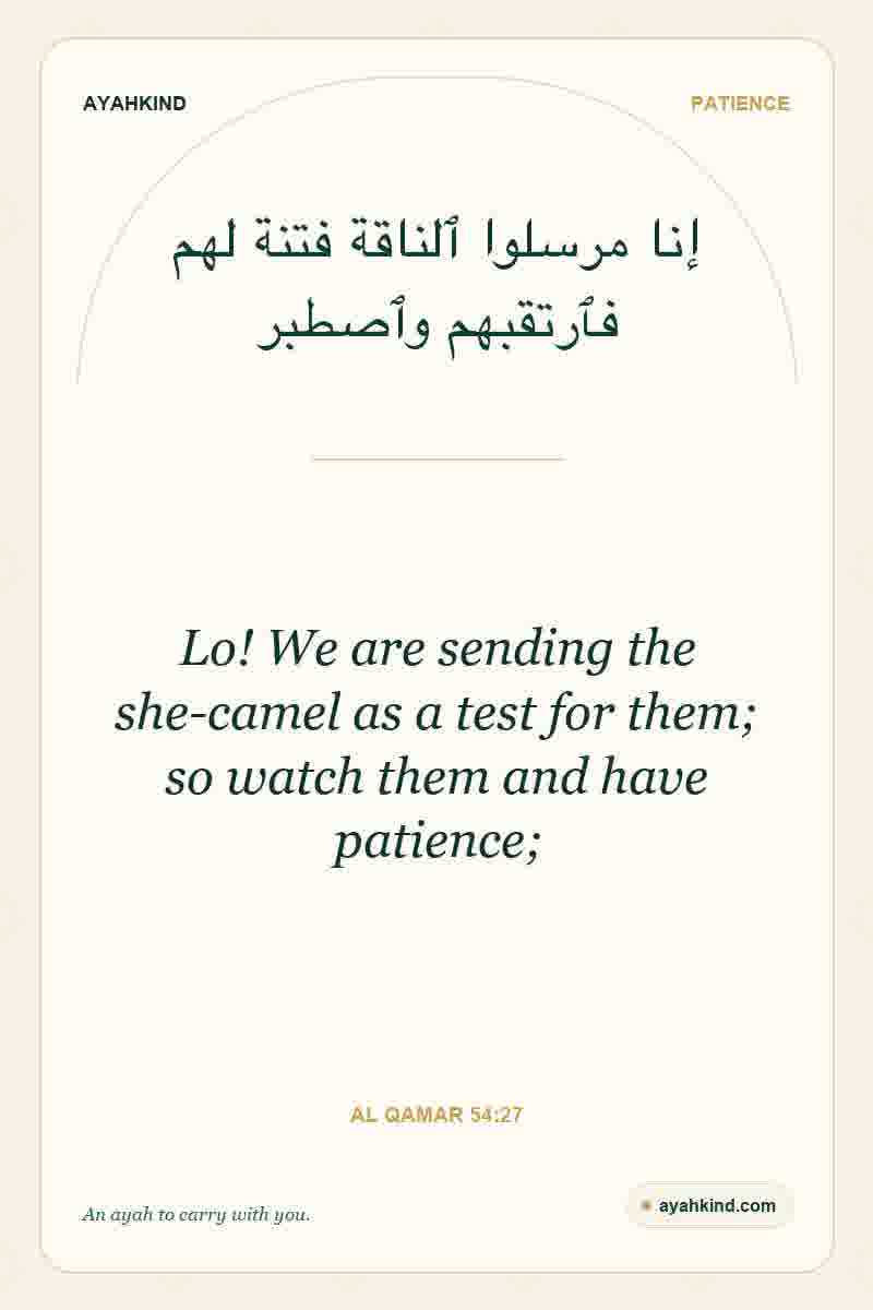 Lo! We are sending the she-camel as a test for them; so watch them and have patience; — Al Qamar 54:27