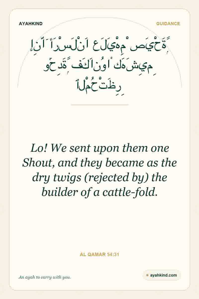 Lo! We sent upon them one Shout, and they became as the dry twigs (rejected by) the builder of a cattle-fold. — Al Qamar 54:31