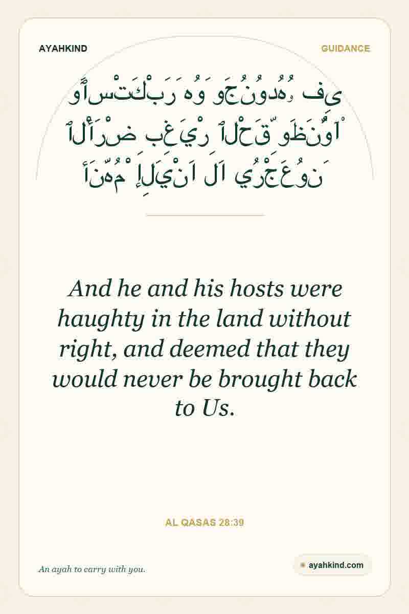 And he and his hosts were haughty in the land without right, and deemed that they would never be brought back to Us. — Al Qasas 28:39