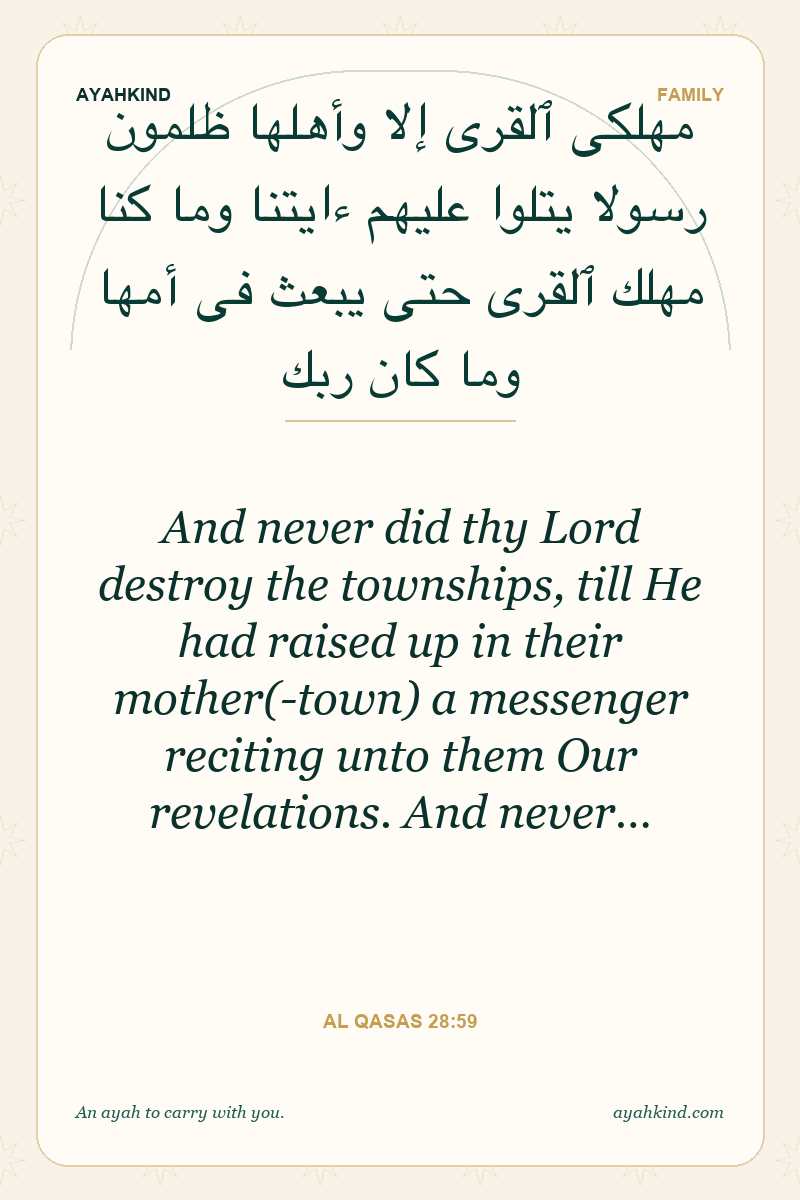 And never did thy Lord destroy the townships, till He had raised up in their mother(-town) a messenger reciting unto them Our revelations. And never… — Al Qasas 28:59