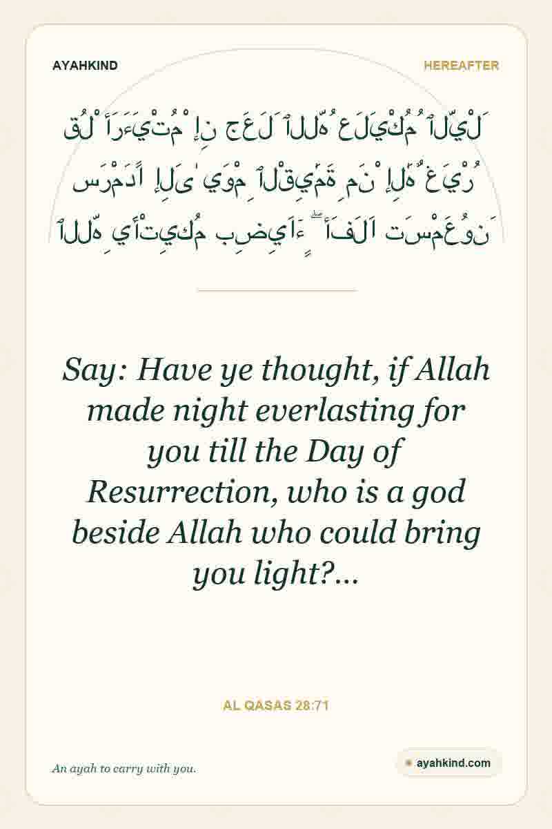 Say: Have ye thought, if Allah made night everlasting for you till the Day of Resurrection, who is a god beside Allah who could bring you light?… — Al Qasas 28:71