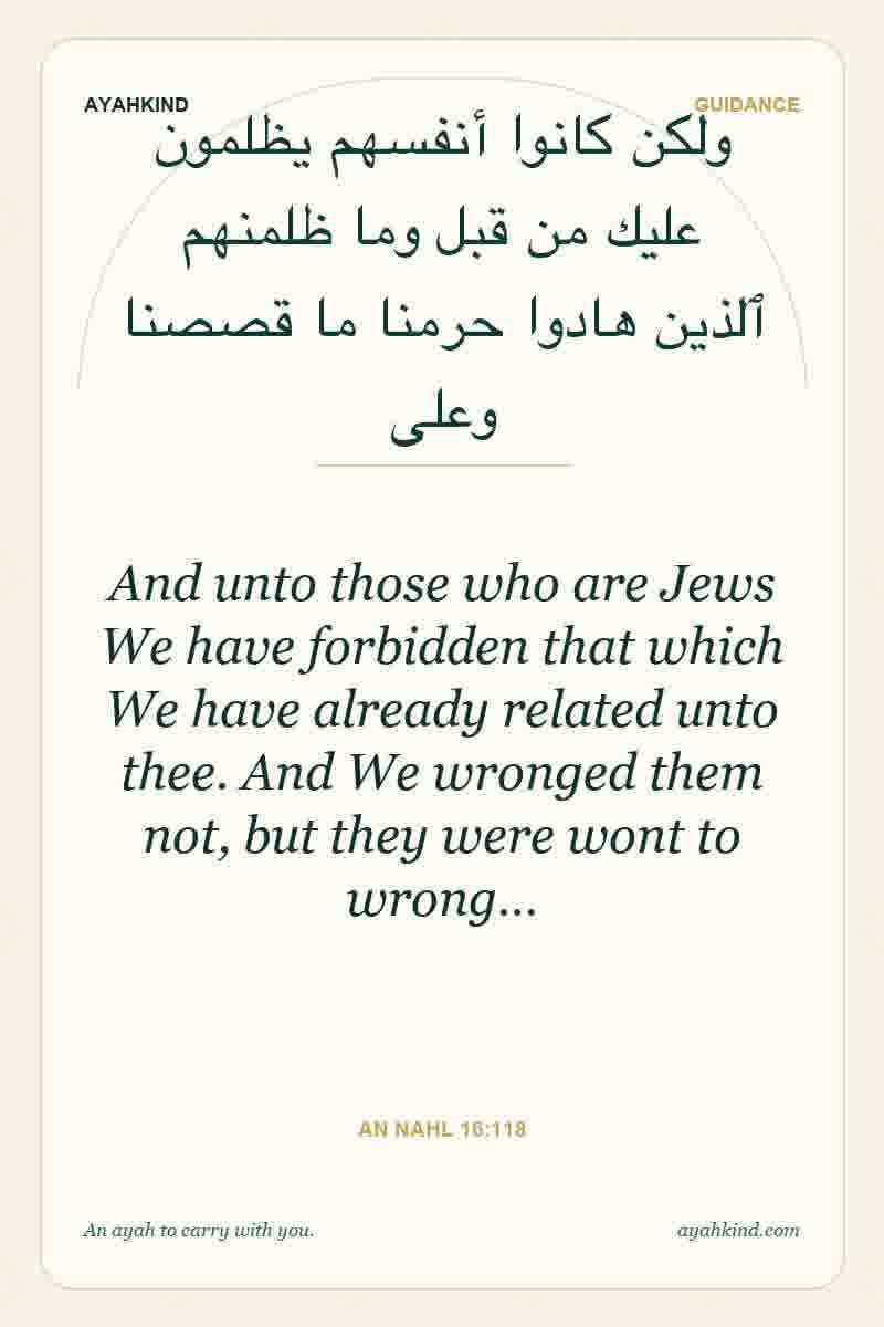 And unto those who are Jews We have forbidden that which We have already related unto thee. And We wronged them not, but they were wont to wrong… — An Nahl 16:118