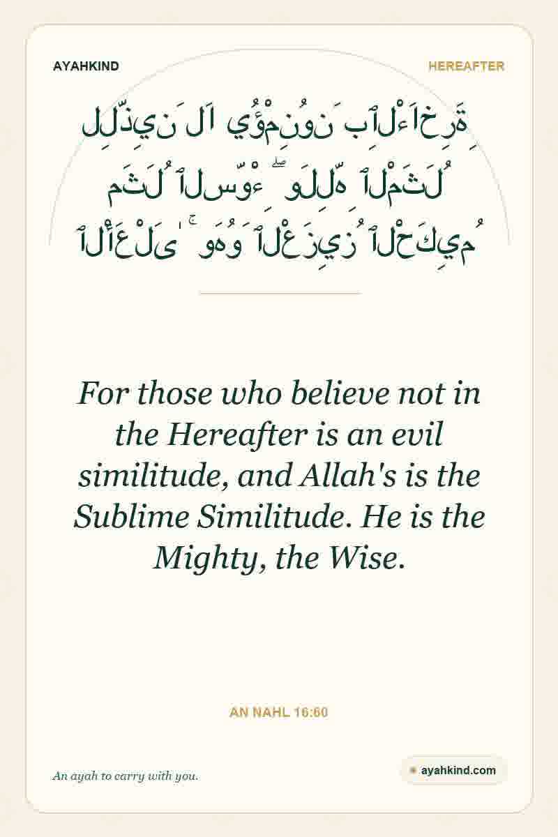 For those who believe not in the Hereafter is an evil similitude, and Allah's is the Sublime Similitude. He is the Mighty, the Wise. — An Nahl 16:60