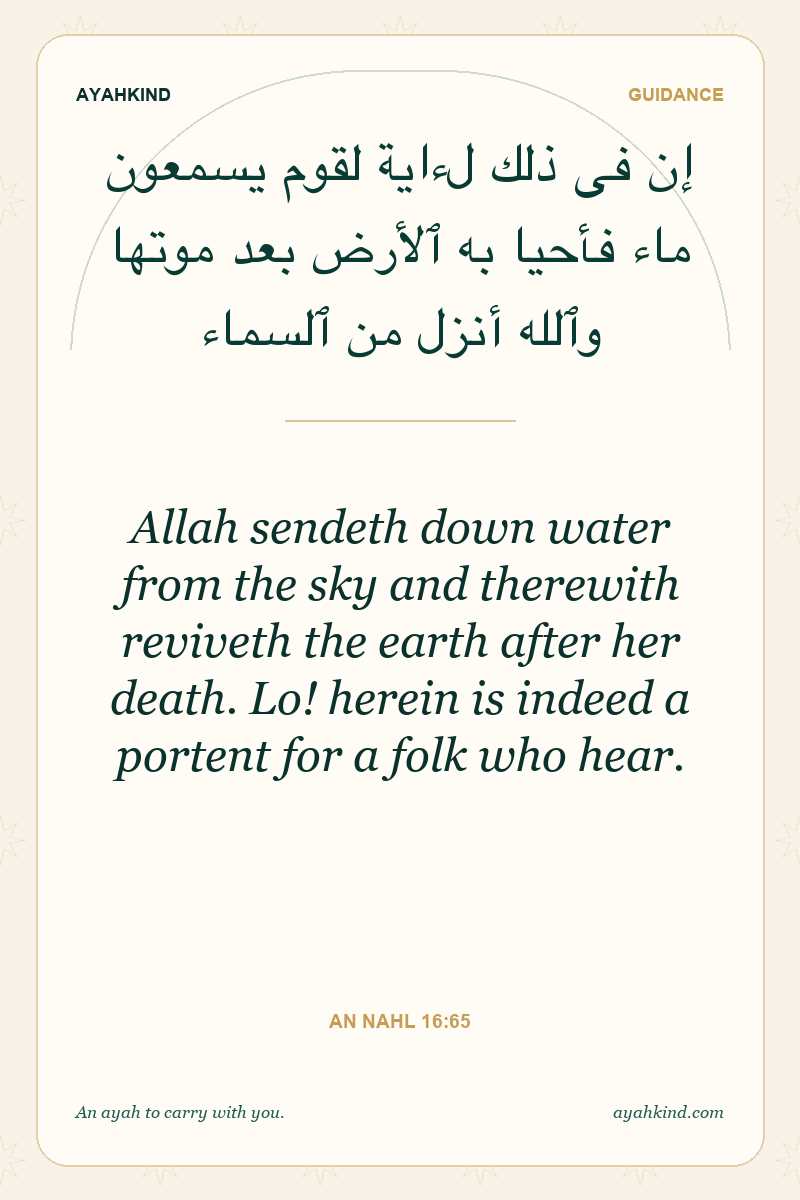 Allah sendeth down water from the sky and therewith reviveth the earth after her death. Lo! herein is indeed a portent for a folk who hear. — An Nahl 16:65