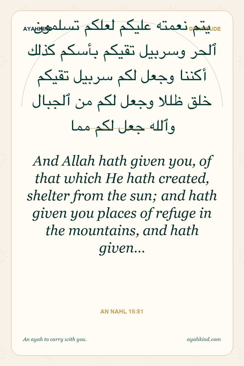And Allah hath given you, of that which He hath created, shelter from the sun; and hath given you places of refuge in the mountains, and hath given… — An Nahl 16:81