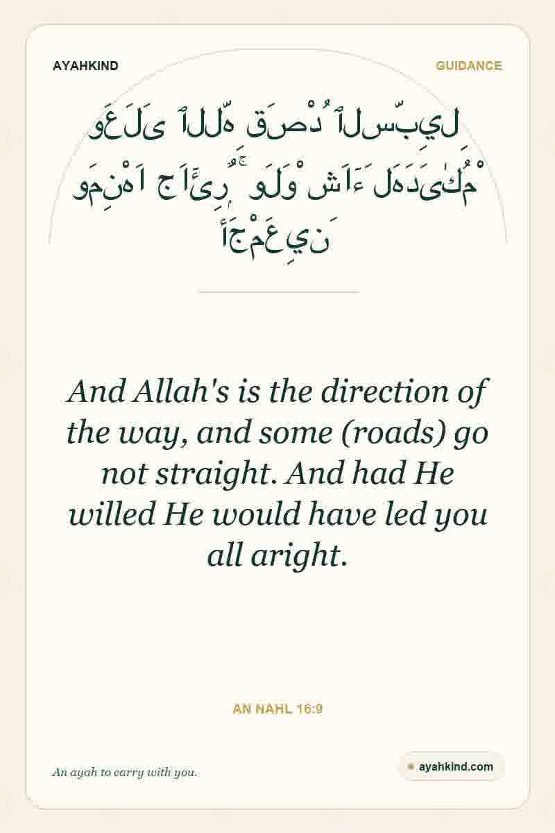 And Allah's is the direction of the way, and some (roads) go not straight. And had He willed He would have led you all aright. — An Nahl 16:9