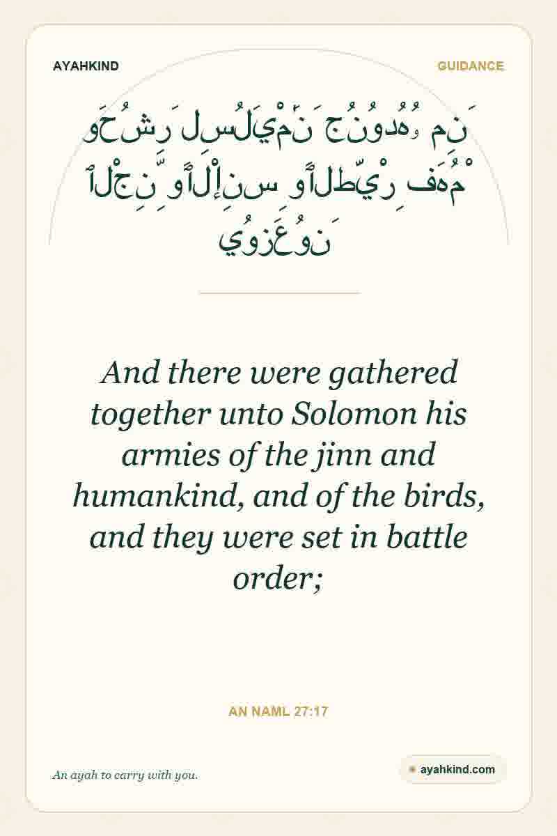 And there were gathered together unto Solomon his armies of the jinn and humankind, and of the birds, and they were set in battle order; — An Naml 27:17