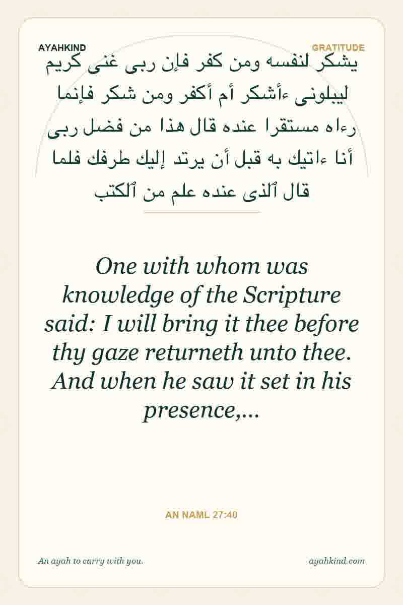 One with whom was knowledge of the Scripture said: I will bring it thee before thy gaze returneth unto thee. And when he saw it set in his presence,… — An Naml 27:40