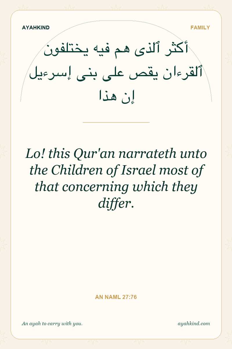 Lo! this Qur'an narrateth unto the Children of Israel most of that concerning which they differ. — An Naml 27:76