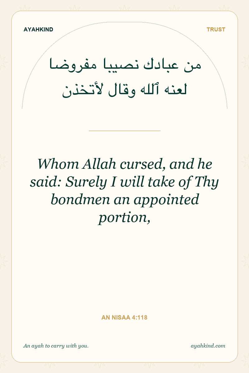 Whom Allah cursed, and he said: Surely I will take of Thy bondmen an appointed portion, — An Nisaa 4:118