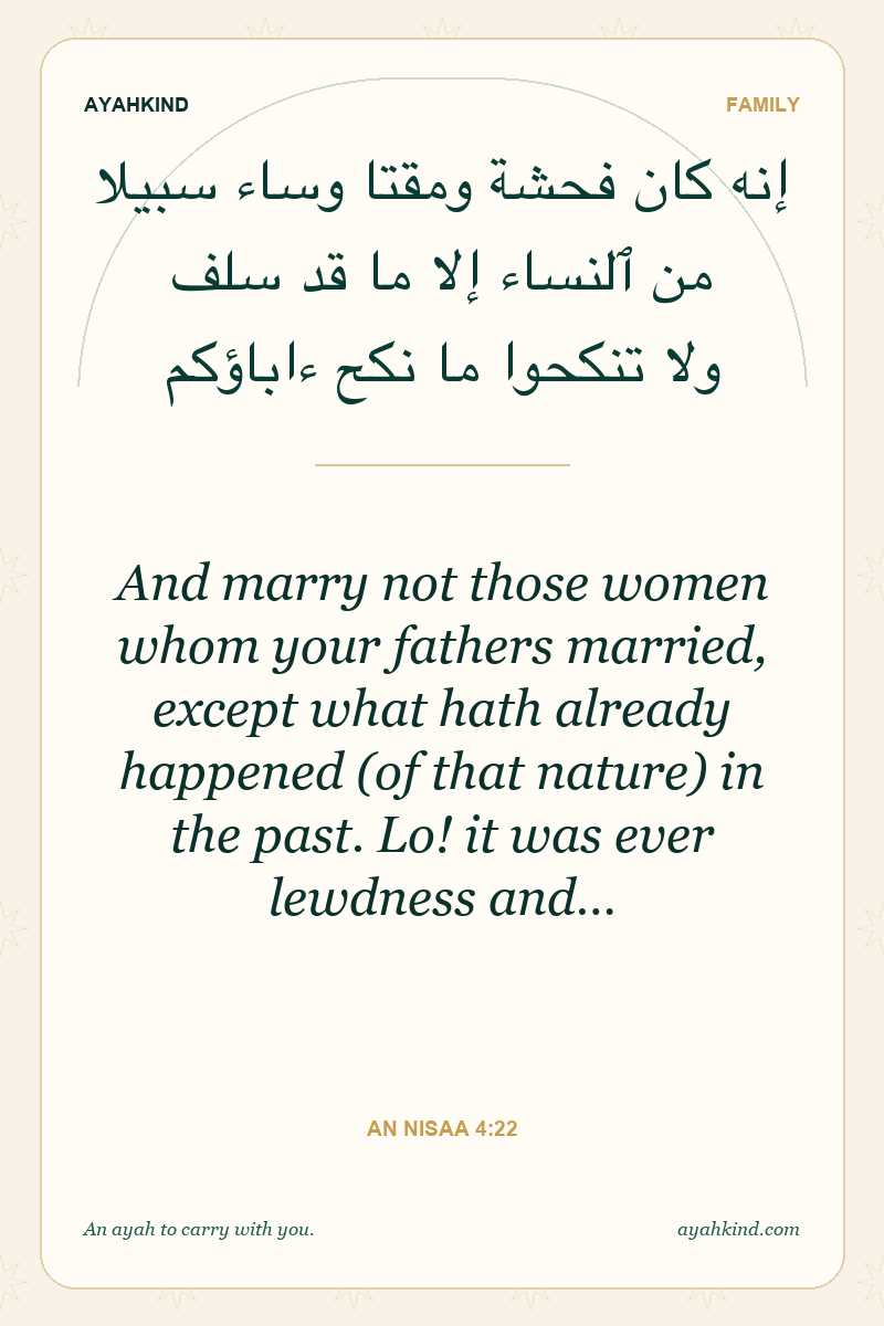 And marry not those women whom your fathers married, except what hath already happened (of that nature) in the past. Lo! it was ever lewdness and… — An Nisaa 4:22