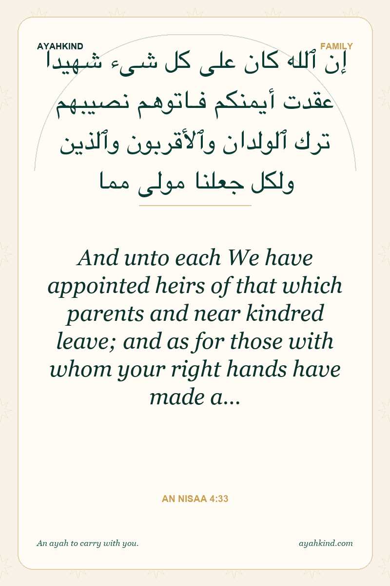 And unto each We have appointed heirs of that which parents and near kindred leave; and as for those with whom your right hands have made a… — An Nisaa 4:33