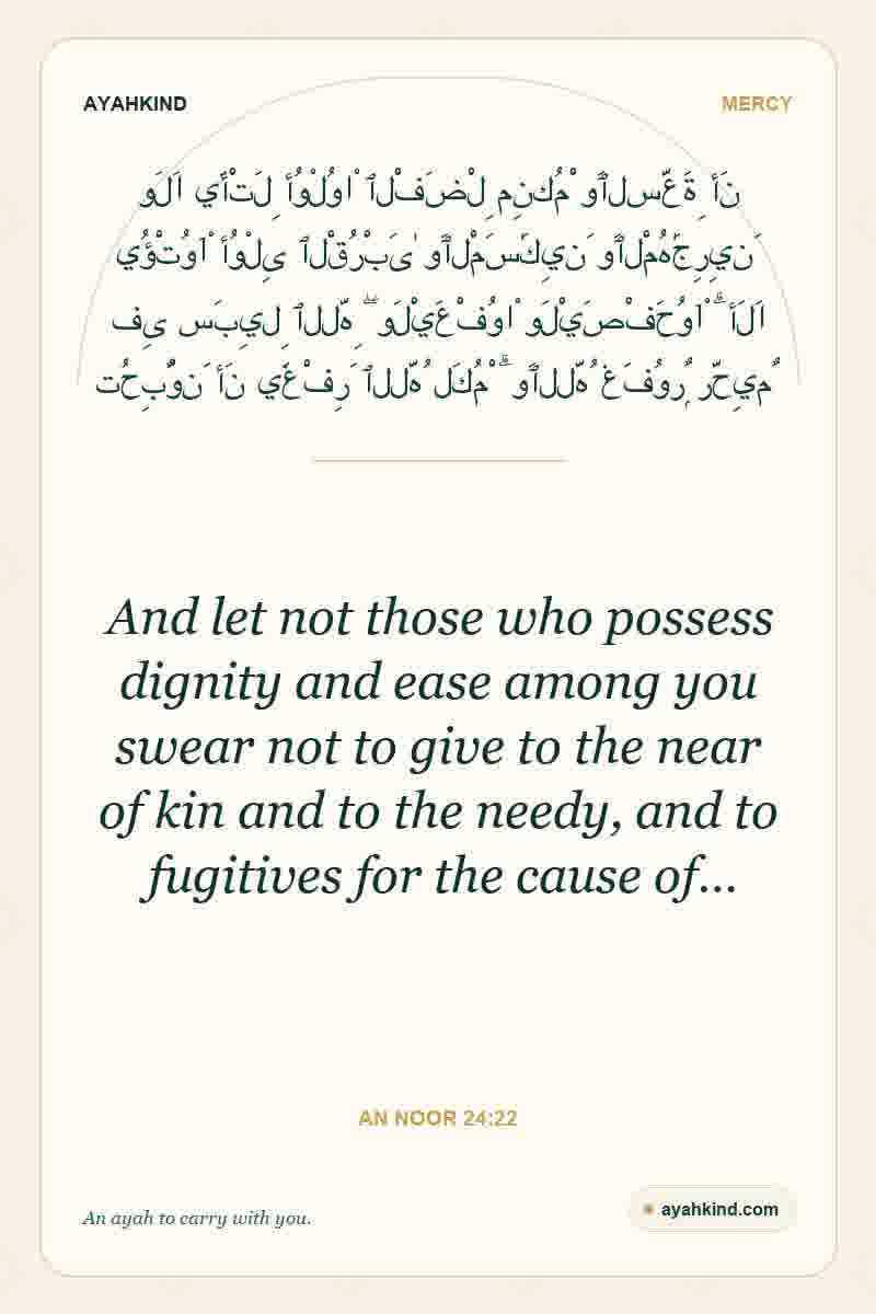 And let not those who possess dignity and ease among you swear not to give to the near of kin and to the needy, and to fugitives for the cause of… — An Noor 24:22