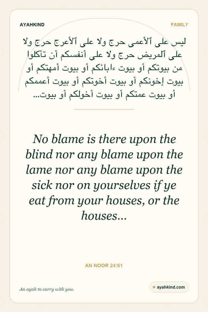 No blame is there upon the blind nor any blame upon the lame nor any blame upon the sick nor on yourselves if ye eat from your houses, or the houses… — An Noor 24:61