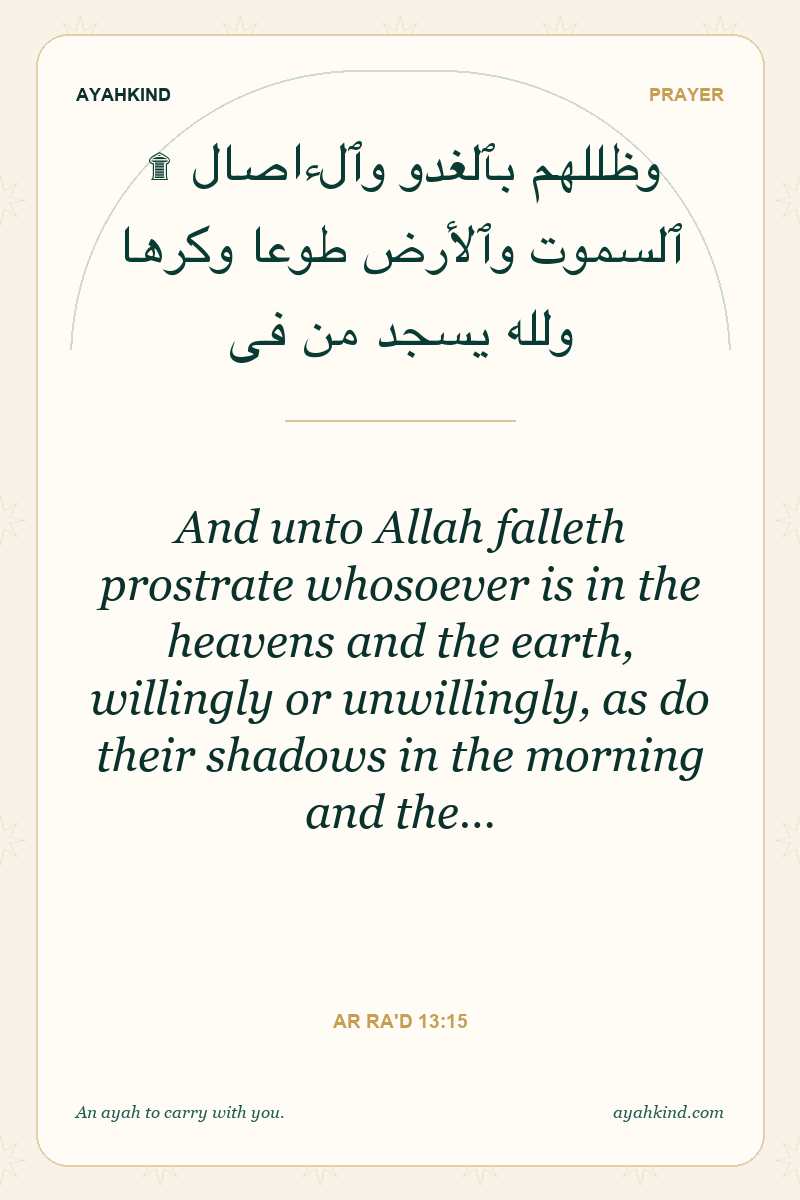 And unto Allah falleth prostrate whosoever is in the heavens and the earth, willingly or unwillingly, as do their shadows in the morning and the… — Ar Ra'd 13:15