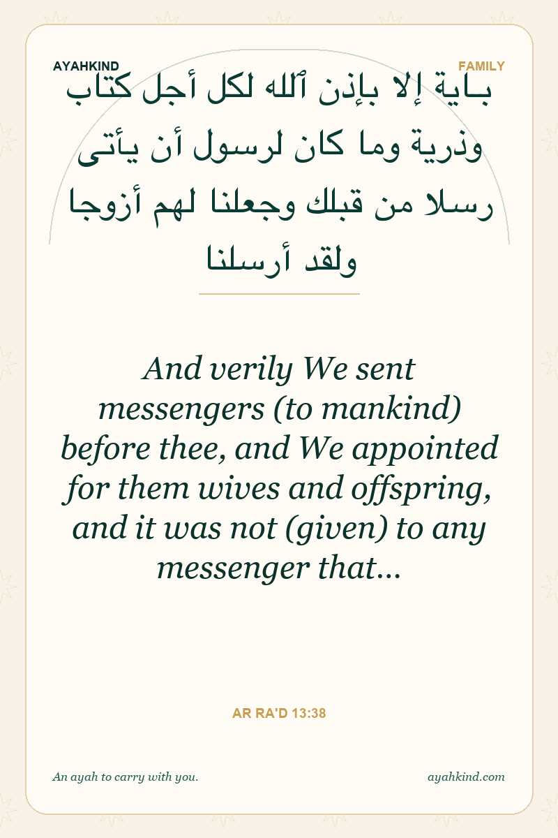 And verily We sent messengers (to mankind) before thee, and We appointed for them wives and offspring, and it was not (given) to any messenger that… — Ar Ra'd 13:38