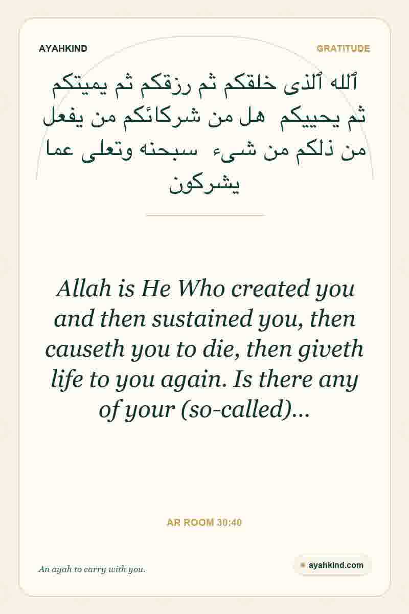 Allah is He Who created you and then sustained you, then causeth you to die, then giveth life to you again. Is there any of your (so-called)… — Ar Room 30:40