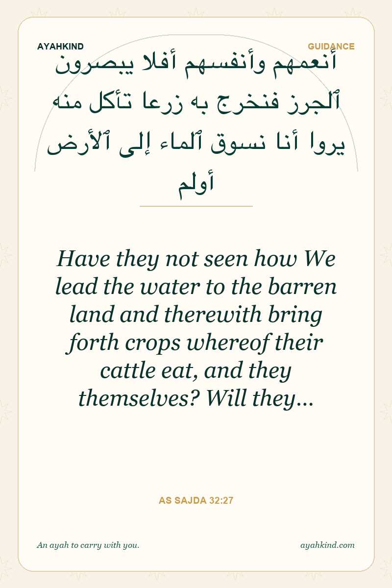 Have they not seen how We lead the water to the barren land and therewith bring forth crops whereof their cattle eat, and they themselves? Will they… — As Sajda 32:27