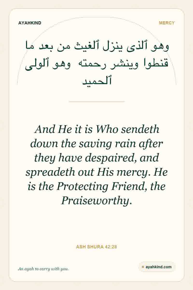 And He it is Who sendeth down the saving rain after they have despaired, and spreadeth out His mercy. He is the Protecting Friend, the Praiseworthy. — Ash Shura 42:28