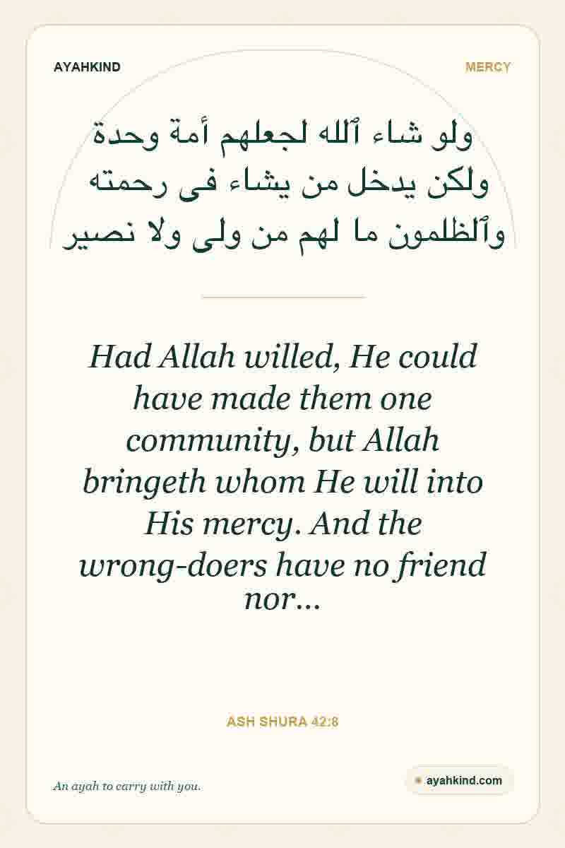 Had Allah willed, He could have made them one community, but Allah bringeth whom He will into His mercy. And the wrong-doers have no friend nor… — Ash Shura 42:8
