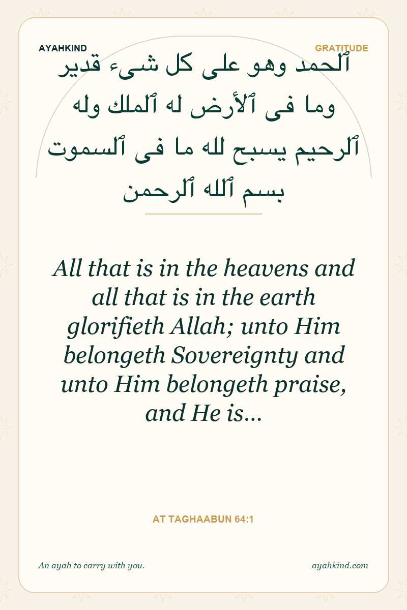 All that is in the heavens and all that is in the earth glorifieth Allah; unto Him belongeth Sovereignty and unto Him belongeth praise, and He is… — At Taghaabun 64:1