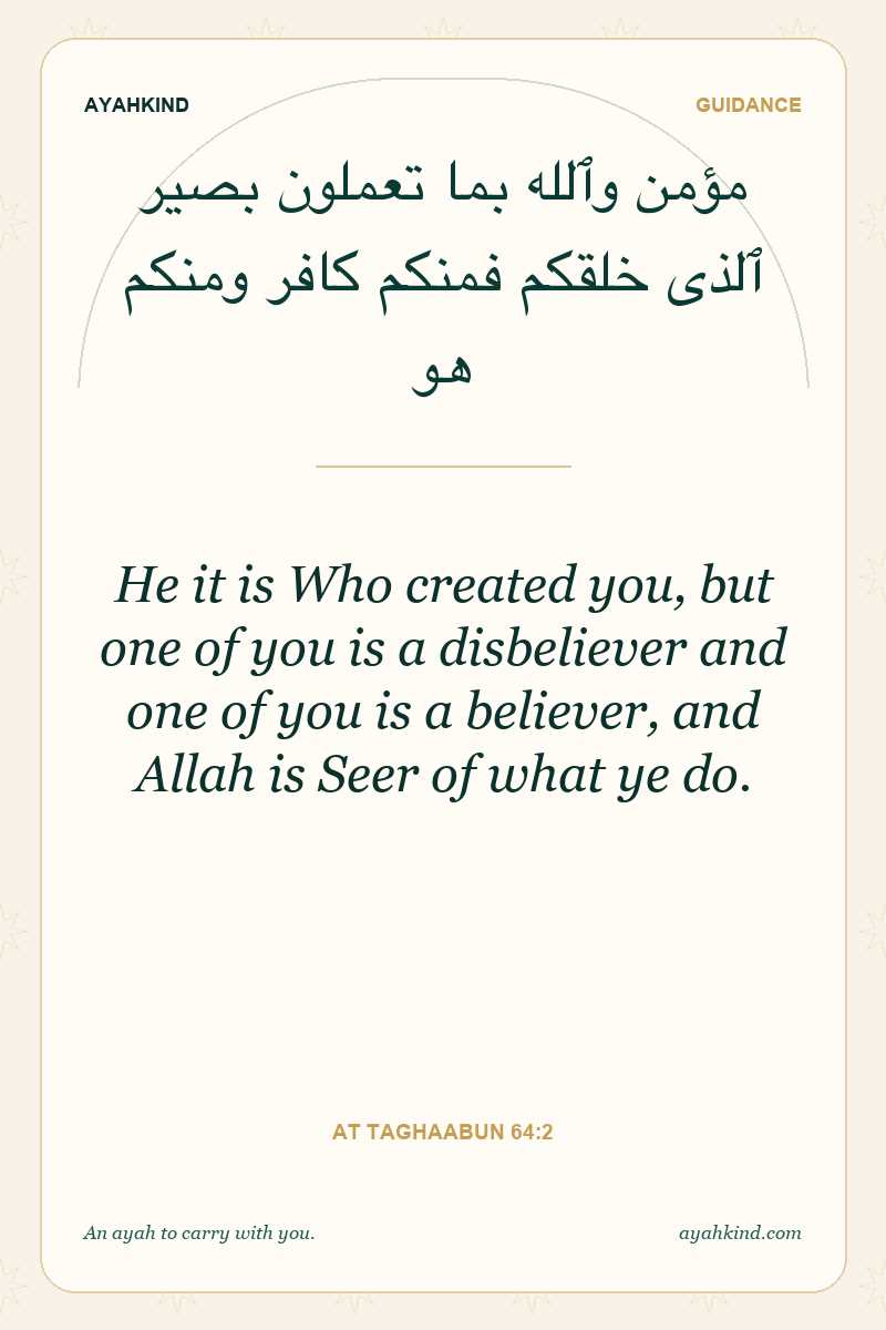 He it is Who created you, but one of you is a disbeliever and one of you is a believer, and Allah is Seer of what ye do. — At Taghaabun 64:2
