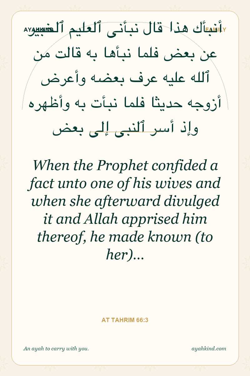 When the Prophet confided a fact unto one of his wives and when she afterward divulged it and Allah apprised him thereof, he made known (to her)… — At Tahrim 66:3