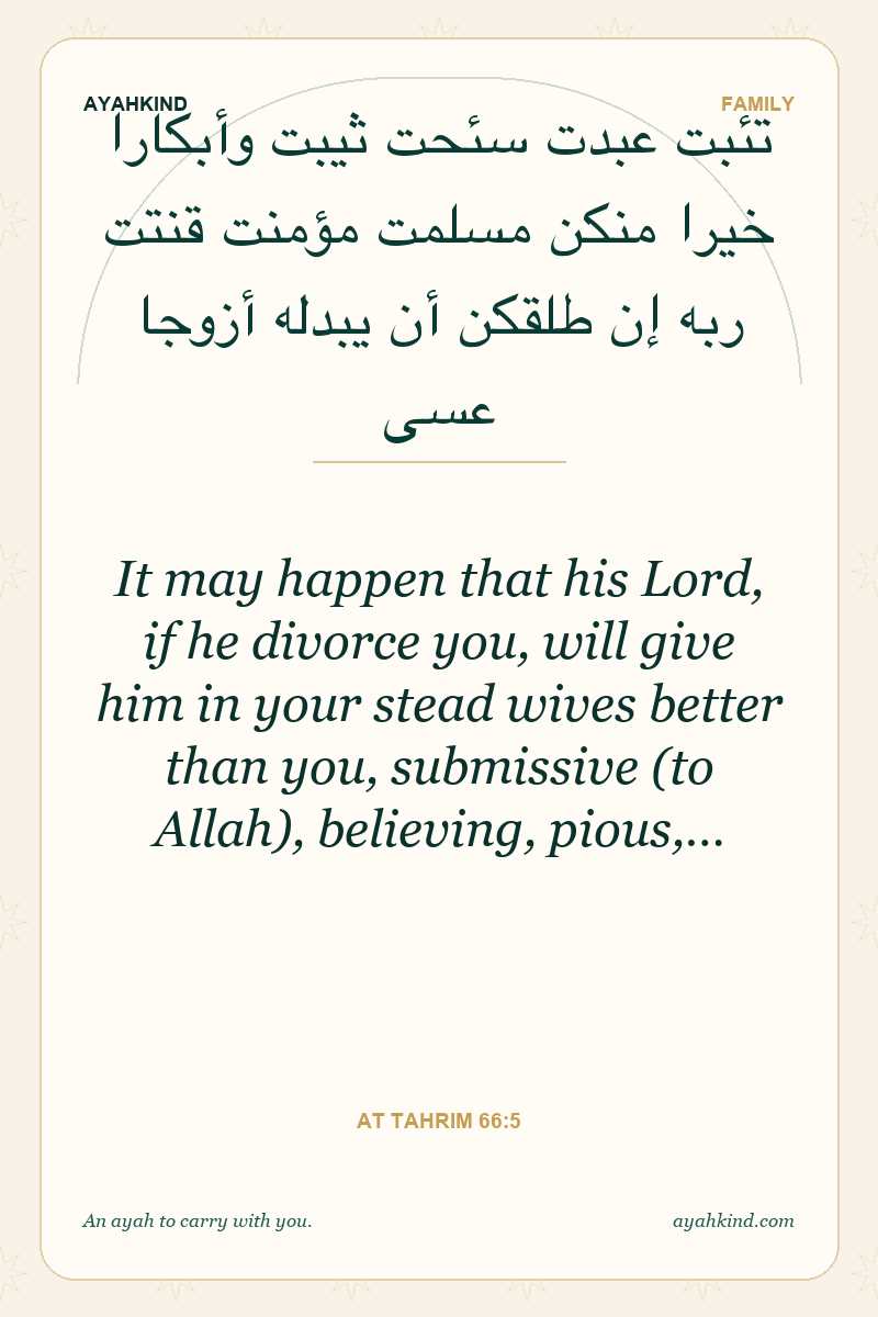 It may happen that his Lord, if he divorce you, will give him in your stead wives better than you, submissive (to Allah), believing, pious,… — At Tahrim 66:5