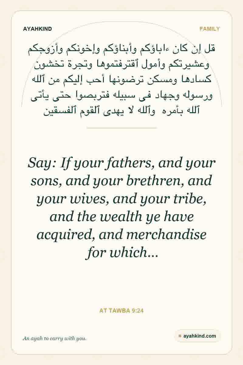 Say: If your fathers, and your sons, and your brethren, and your wives, and your tribe, and the wealth ye have acquired, and merchandise for which… — At Tawba 9:24