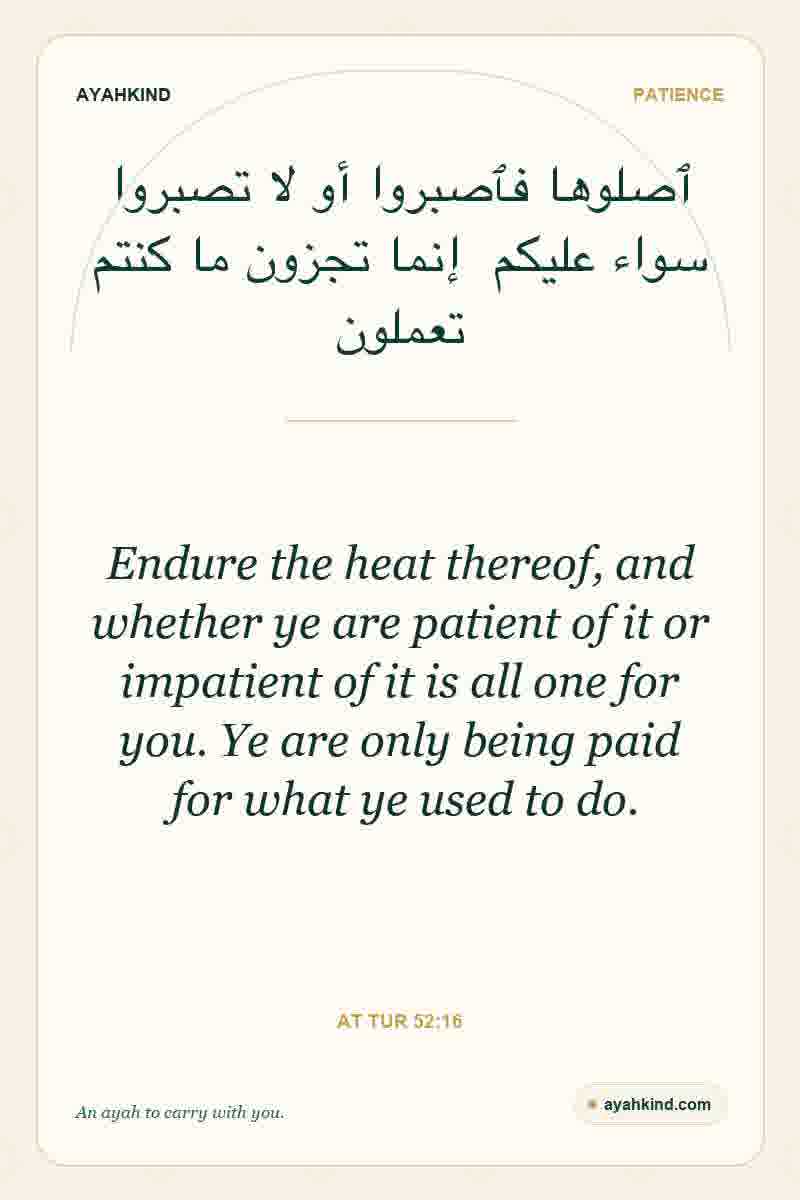 Endure the heat thereof, and whether ye are patient of it or impatient of it is all one for you. Ye are only being paid for what ye used to do. — At Tur 52:16