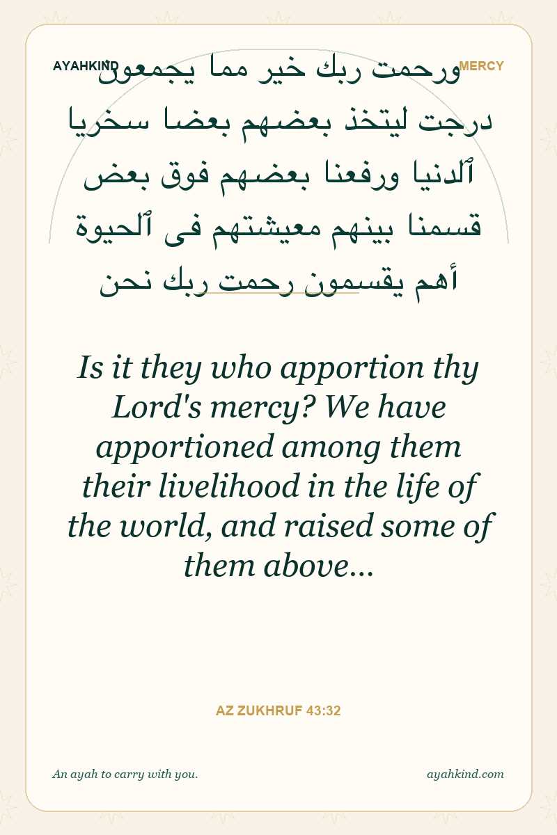 Is it they who apportion thy Lord's mercy? We have apportioned among them their livelihood in the life of the world, and raised some of them above… — Az Zukhruf 43:32